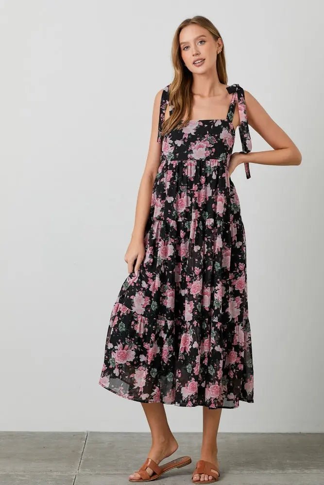 PinkBlush Black Floral Print Tie Strap Midi Dress - 