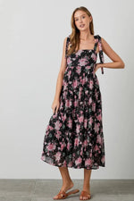 PinkBlush Black Floral Print Tie Strap Midi Dress - 