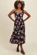 PinkBlush Black Floral Print Tie Strap Midi Dress - 