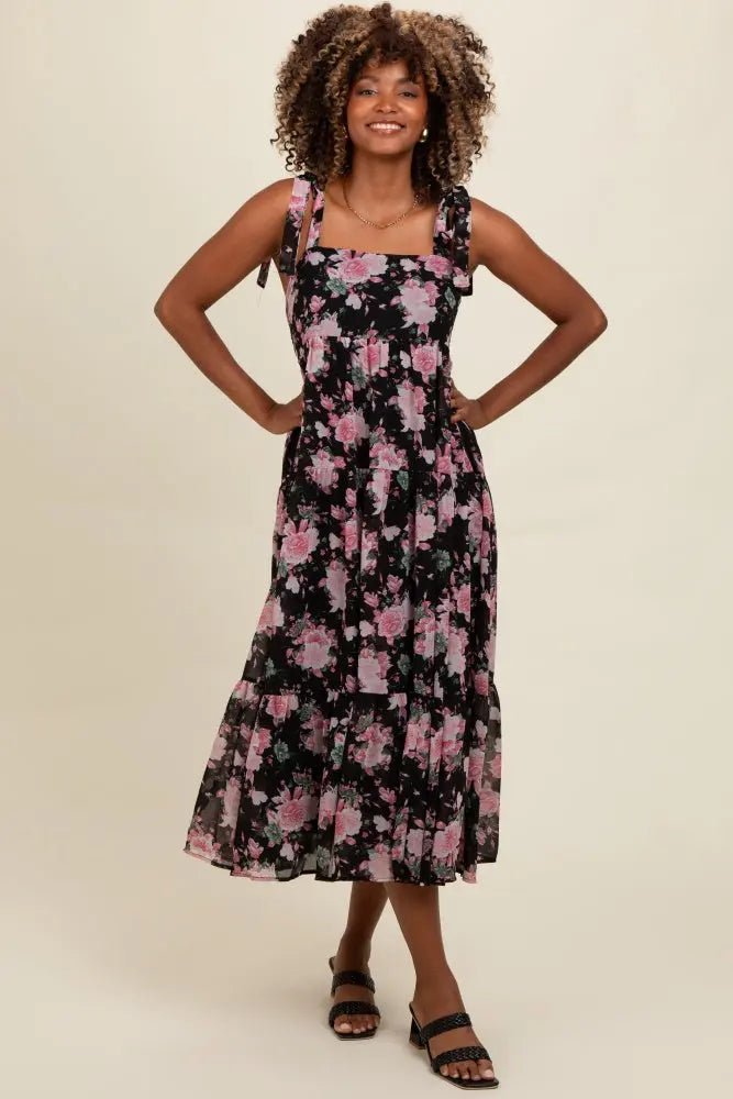 PinkBlush Black Floral Print Tie Strap Midi Dress - 