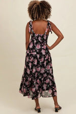 PinkBlush Black Floral Print Tie Strap Midi Dress - 