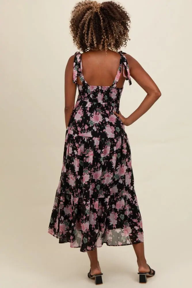 PinkBlush Black Floral Print Tie Strap Midi Dress - 