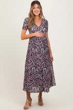 PinkBlush Black Floral Reversible Front Cinched Maternity Midi Dress - 