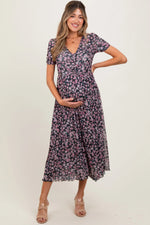 PinkBlush Black Floral Reversible Front Cinched Maternity Midi Dress - 