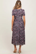 PinkBlush Black Floral Reversible Front Cinched Maternity Midi Dress - 