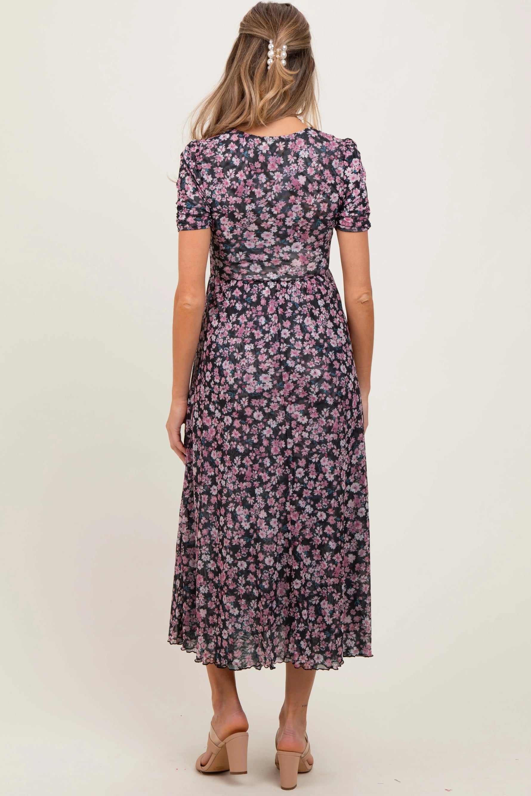 PinkBlush Black Floral Reversible Front Cinched Maternity Midi Dress - 