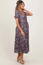 PinkBlush Black Floral Reversible Front Cinched Maternity Midi Dress - 