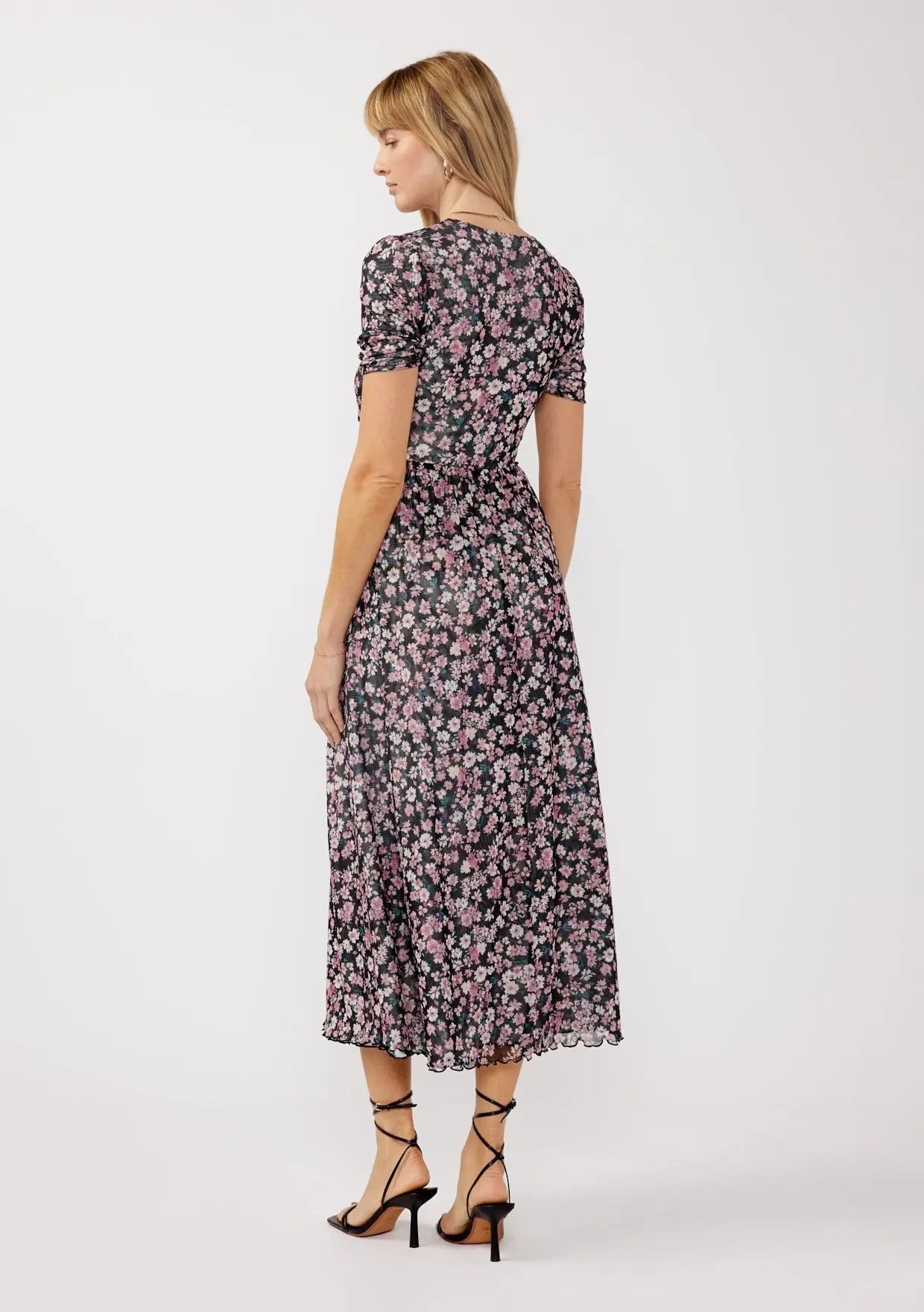 PinkBlush Black Floral Reversible Front Cinched Midi Dress - 