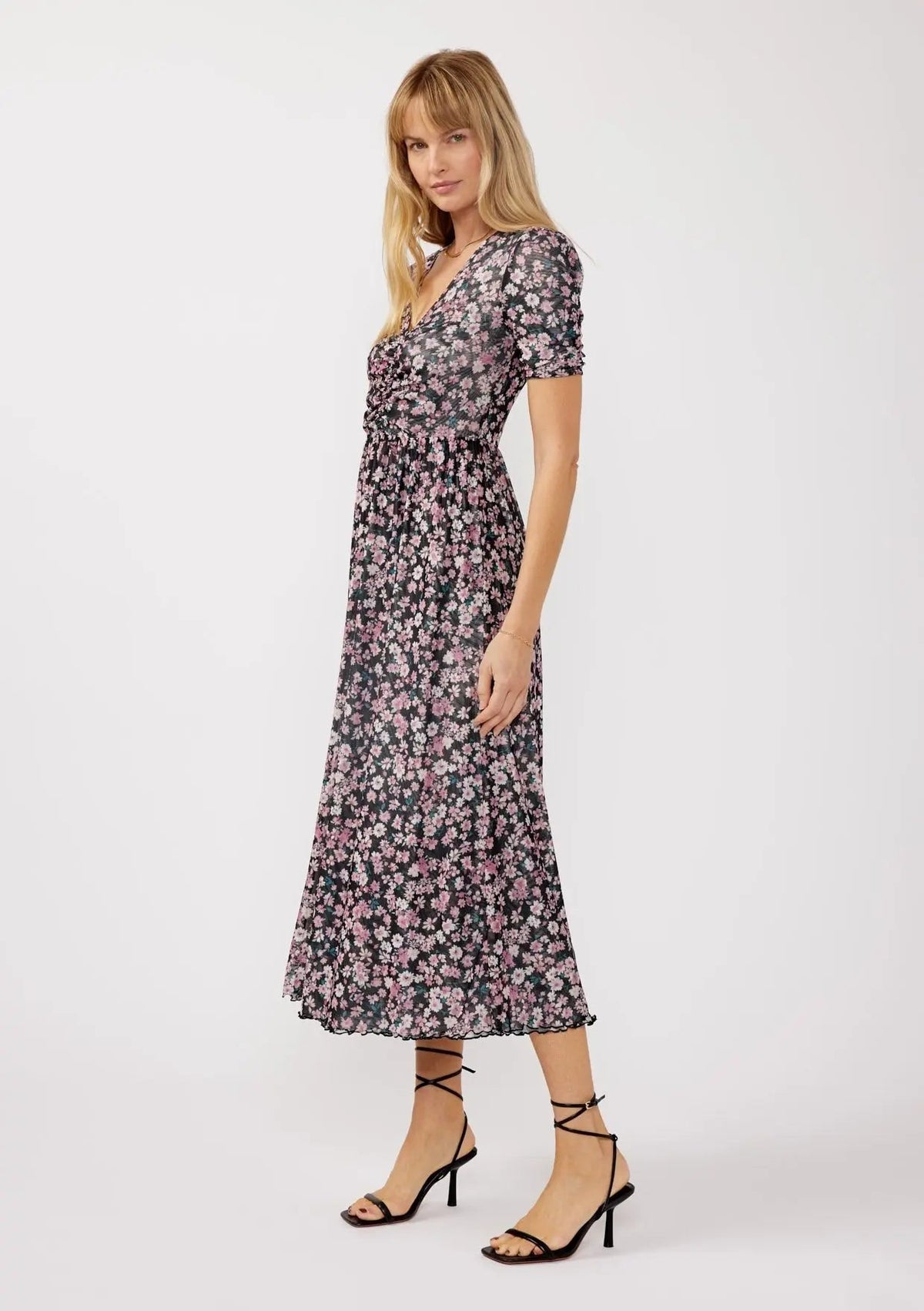 PinkBlush Black Floral Reversible Front Cinched Midi Dress - 