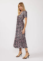 PinkBlush Black Floral Reversible Front Cinched Midi Dress - 