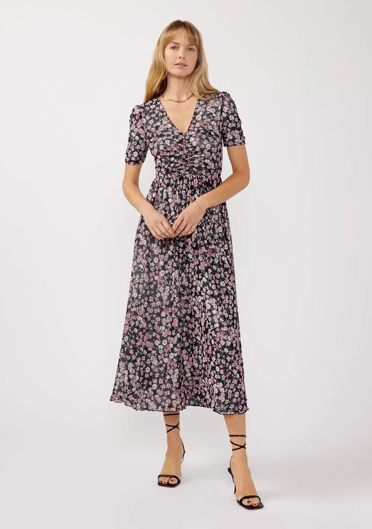 PinkBlush Black Floral Reversible Front Cinched Midi Dress - 