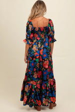 PinkBlush Black Floral Satin Smocked Tiered Maternity Maxi Dress - 