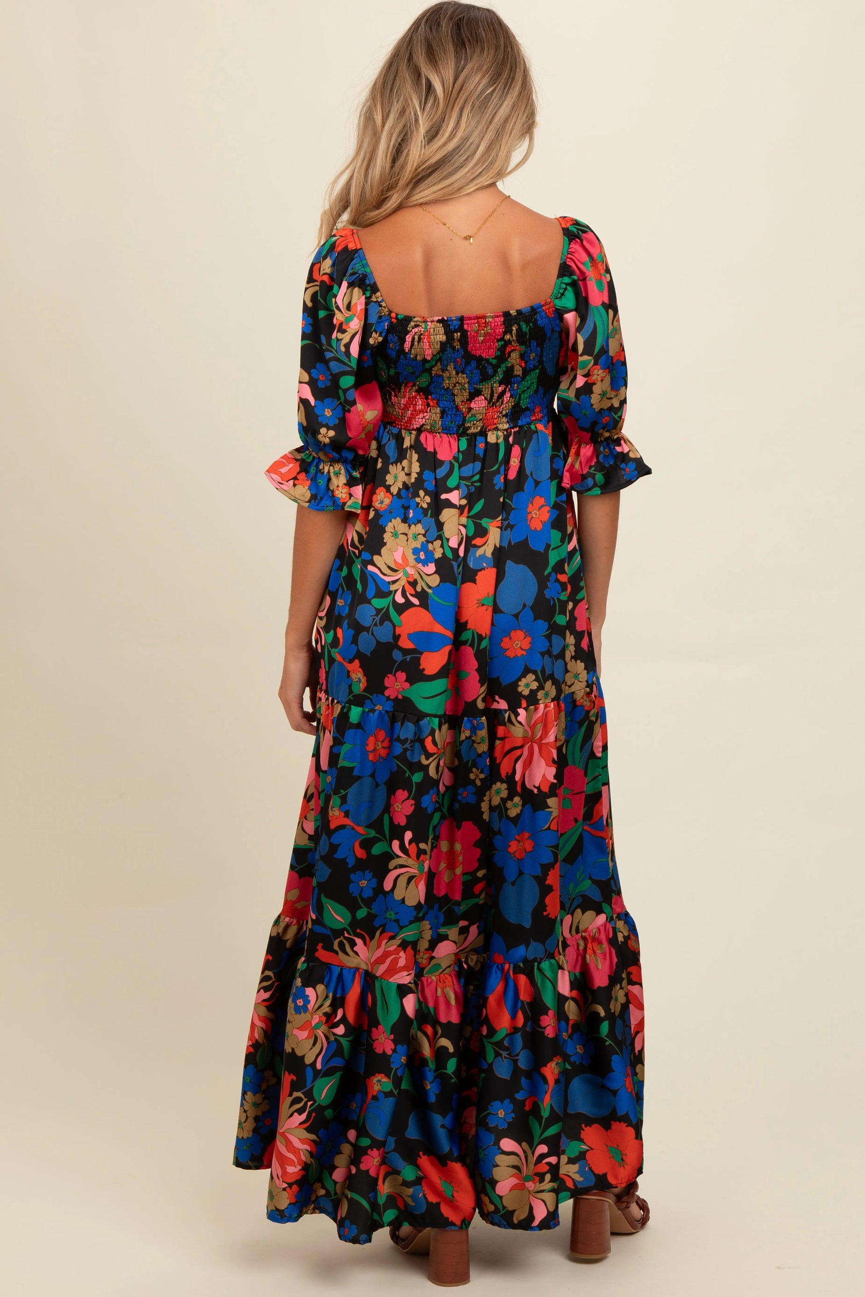 PinkBlush Black Floral Satin Smocked Tiered Maternity Maxi Dress - 