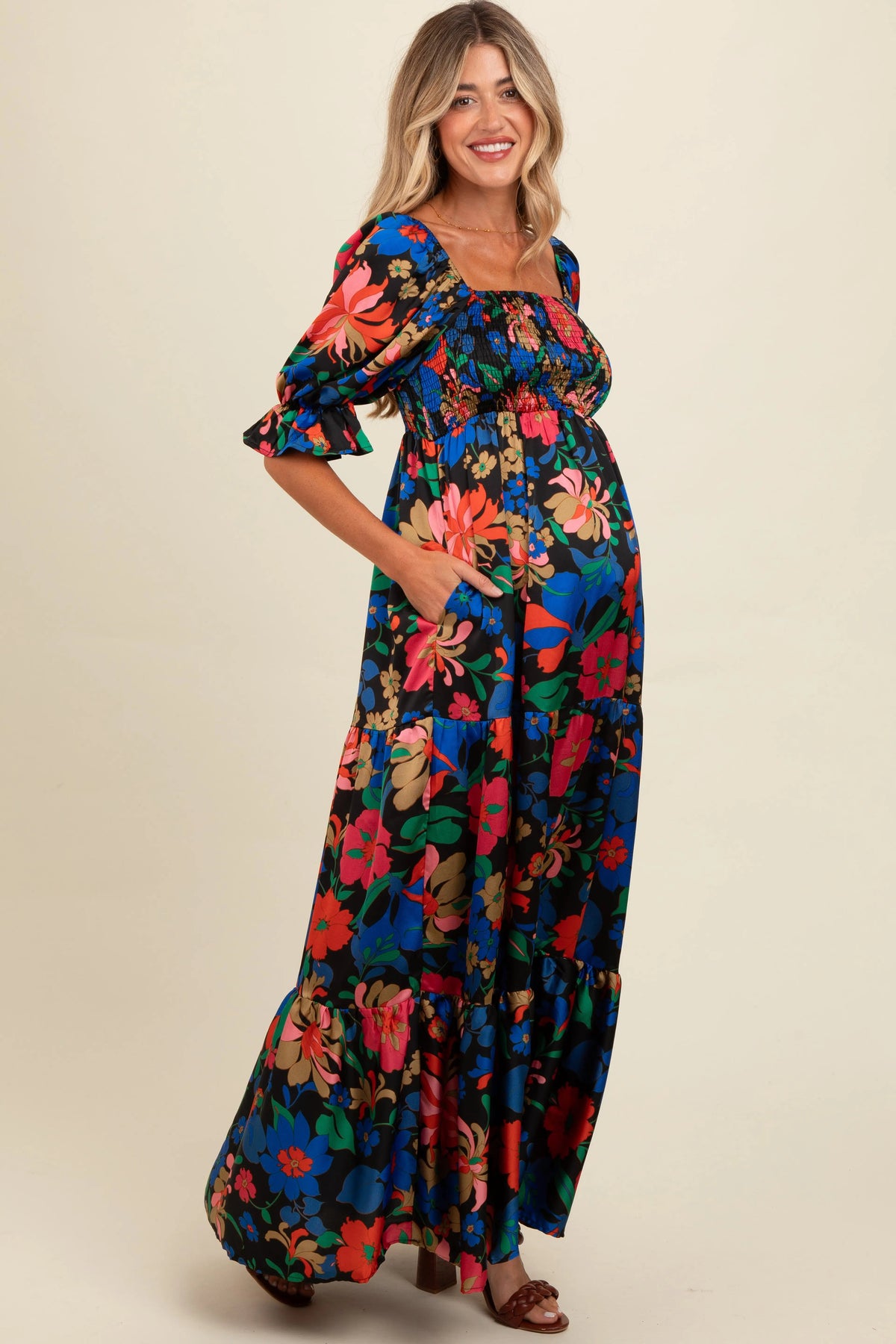 PinkBlush Black Floral Satin Smocked Tiered Maternity Maxi Dress - 