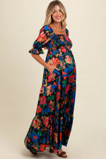 PinkBlush Black Floral Satin Smocked Tiered Maternity Maxi Dress - 