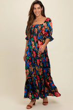 PinkBlush Black Floral Satin Smocked Tiered Maternity Maxi Dress - 