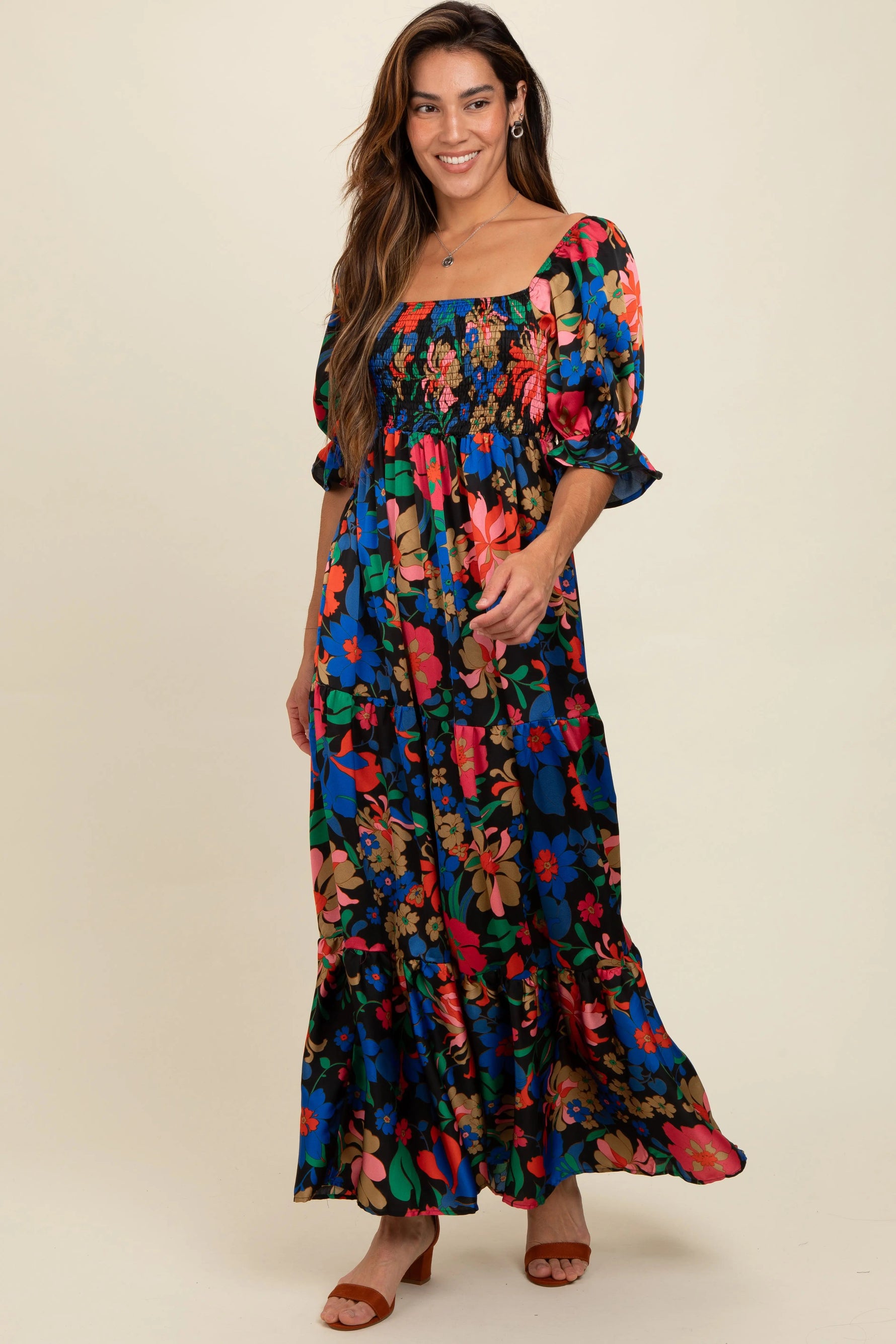 PinkBlush Black Floral Satin Smocked Tiered Maternity Maxi Dress - 