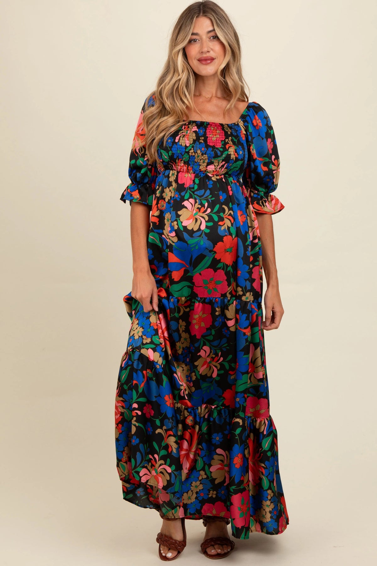 Black Floral Satin Smocked Tiered Maternity Maxi Dress - Dress, One-piece garment, Day Dress, Gown, Pink | Everetts Place