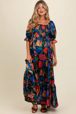 Black Floral Satin Smocked Tiered Maternity Maxi Dress - Dress, One-piece garment, Day Dress, Gown, Pink | Everetts Place