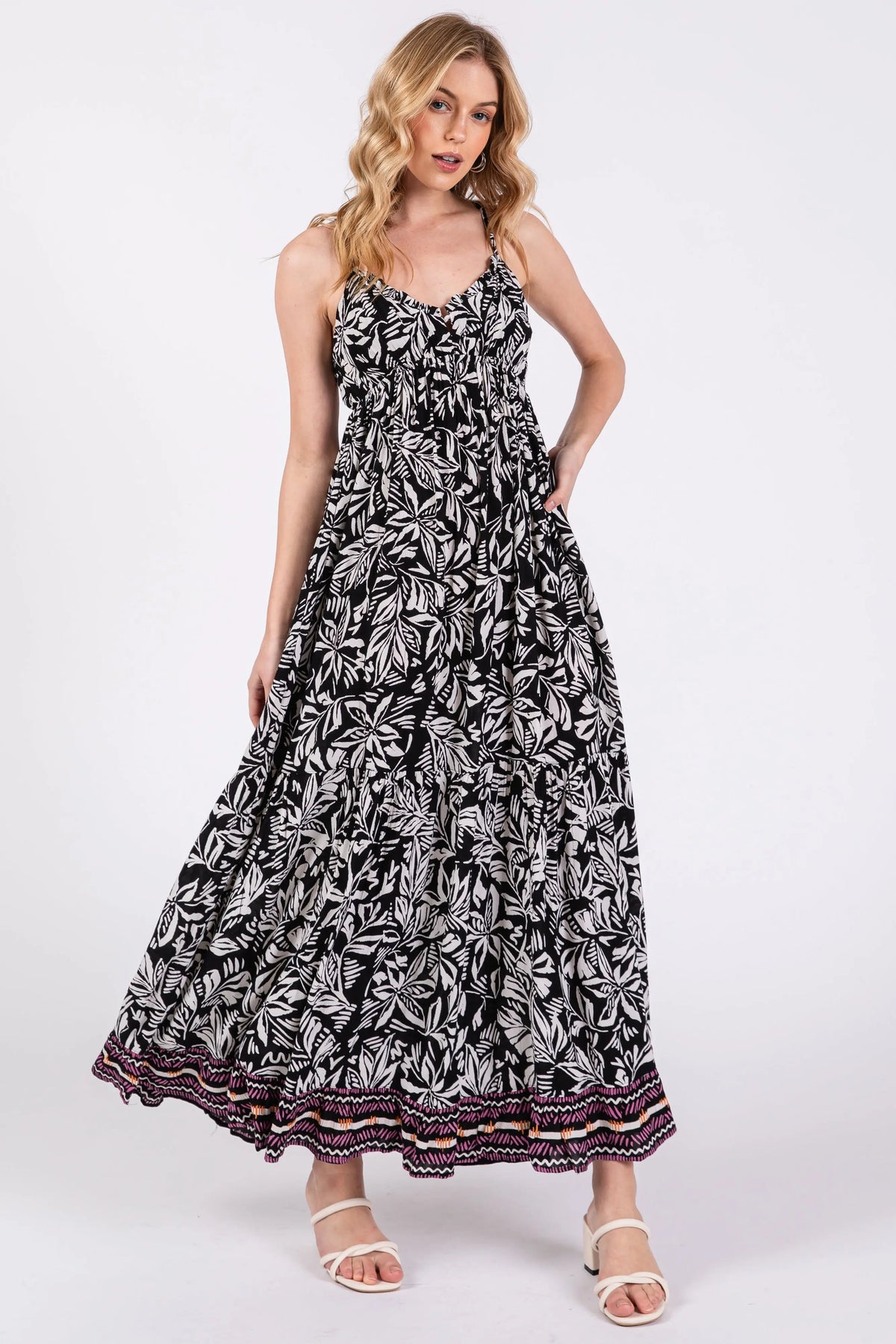 PinkBlush Black Floral Sleeveless Back Tie Maternity Maxi Dress - 