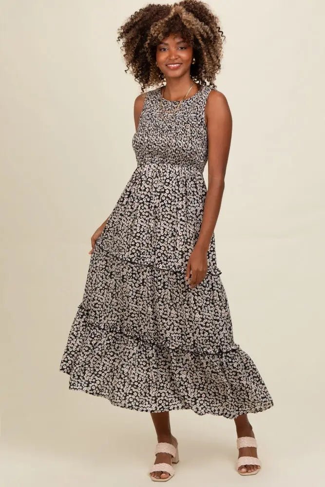 PinkBlush Black Floral Sleeveless Ruffle Tiered Maxi Dress - 