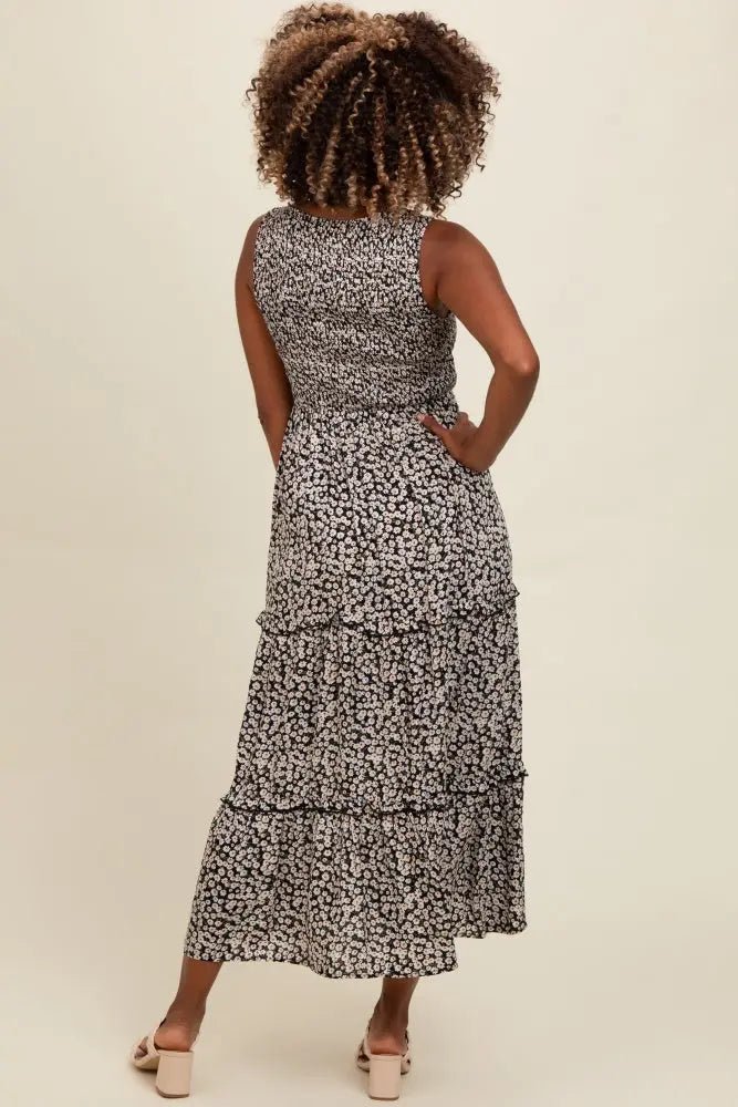 PinkBlush Black Floral Sleeveless Ruffle Tiered Maxi Dress - 
