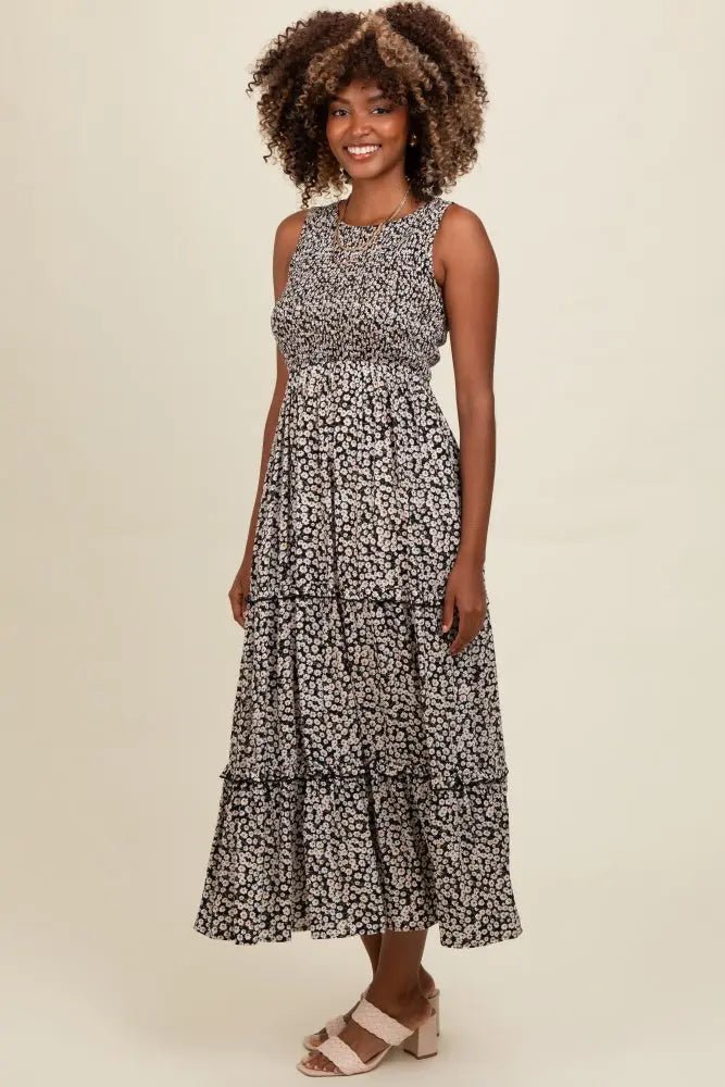 PinkBlush Black Floral Sleeveless Ruffle Tiered Maxi Dress - 