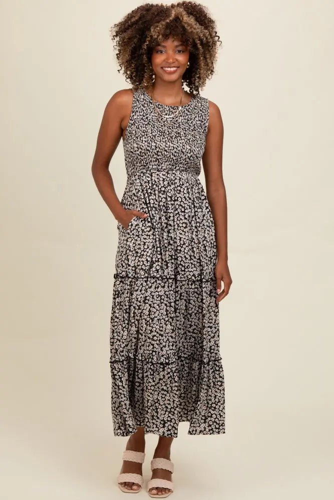 PinkBlush Black Floral Sleeveless Ruffle Tiered Maxi Dress - 