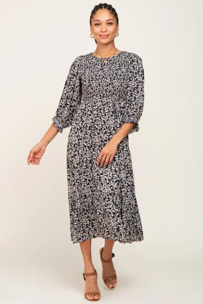 PinkBlush Black Floral Smocked 3/4 Sleeve Midi Dress - 