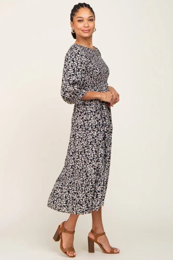 PinkBlush Black Floral Smocked 3/4 Sleeve Midi Dress - 