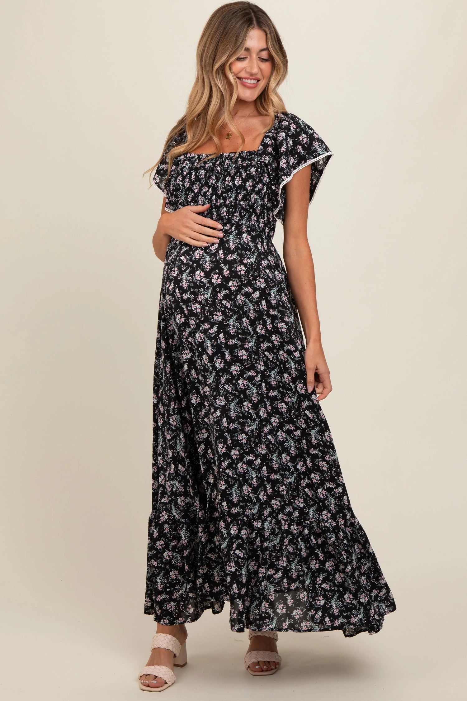 PinkBlush Black Floral Smocked Crochet Trim Maternity Dress - 
