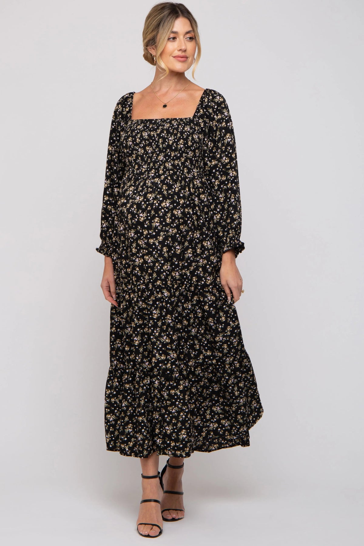 PinkBlush Black Floral Smocked Long Sleeve Maternity Maxi Dress - 