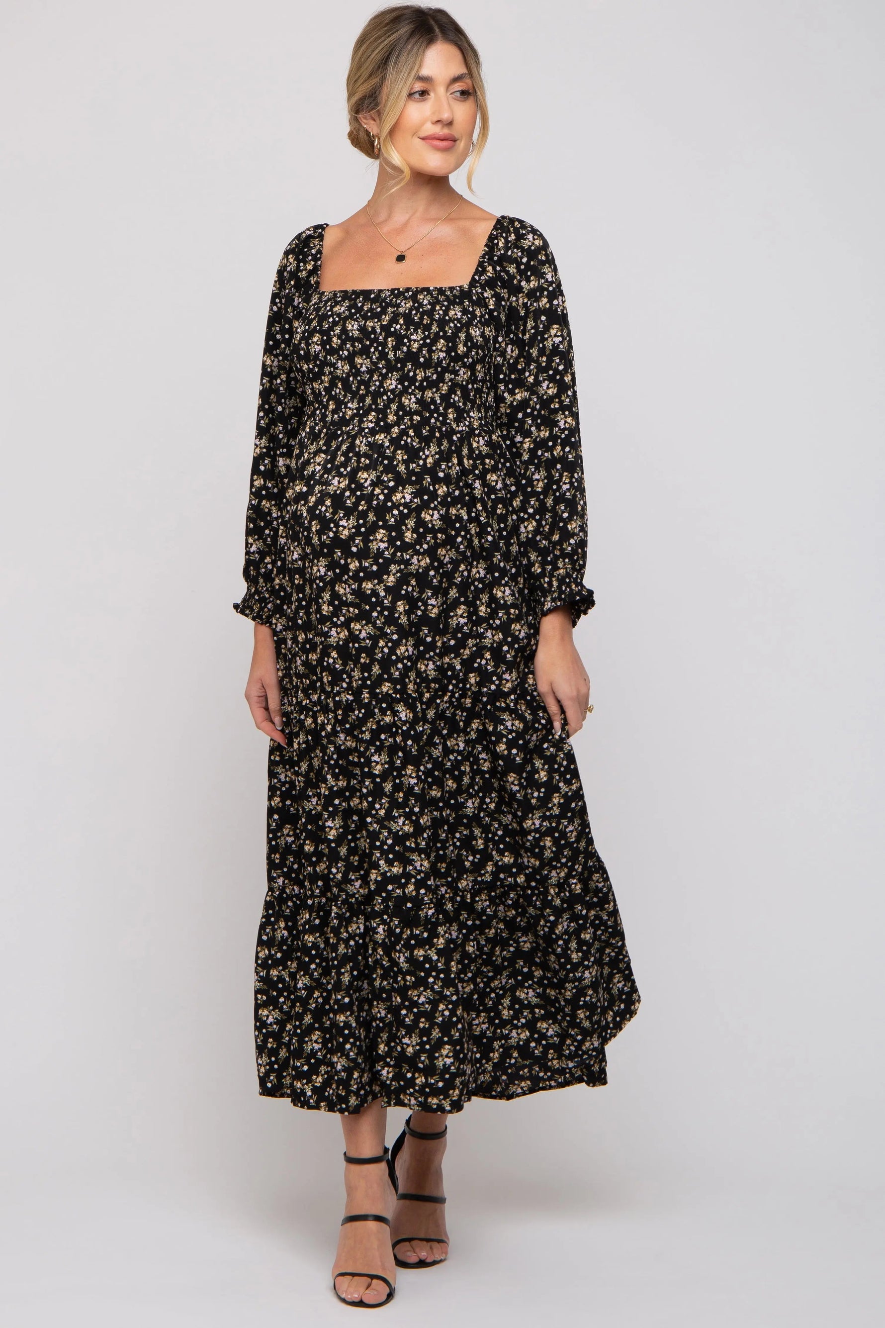 PinkBlush Black Floral Smocked Long Sleeve Maternity Maxi Dress - 