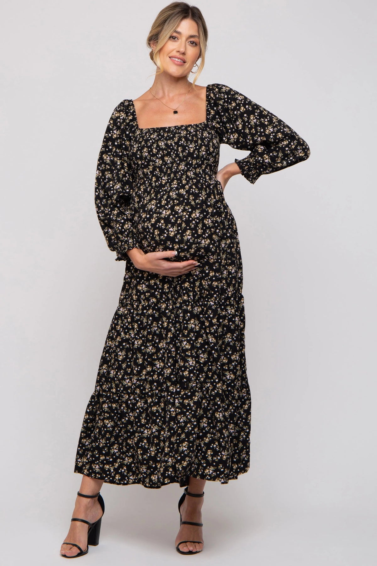 PinkBlush Black Floral Smocked Long Sleeve Maternity Maxi Dress - 