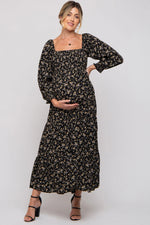 PinkBlush Black Floral Smocked Long Sleeve Maternity Maxi Dress - 