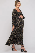 PinkBlush Black Floral Smocked Long Sleeve Maternity Maxi Dress - 