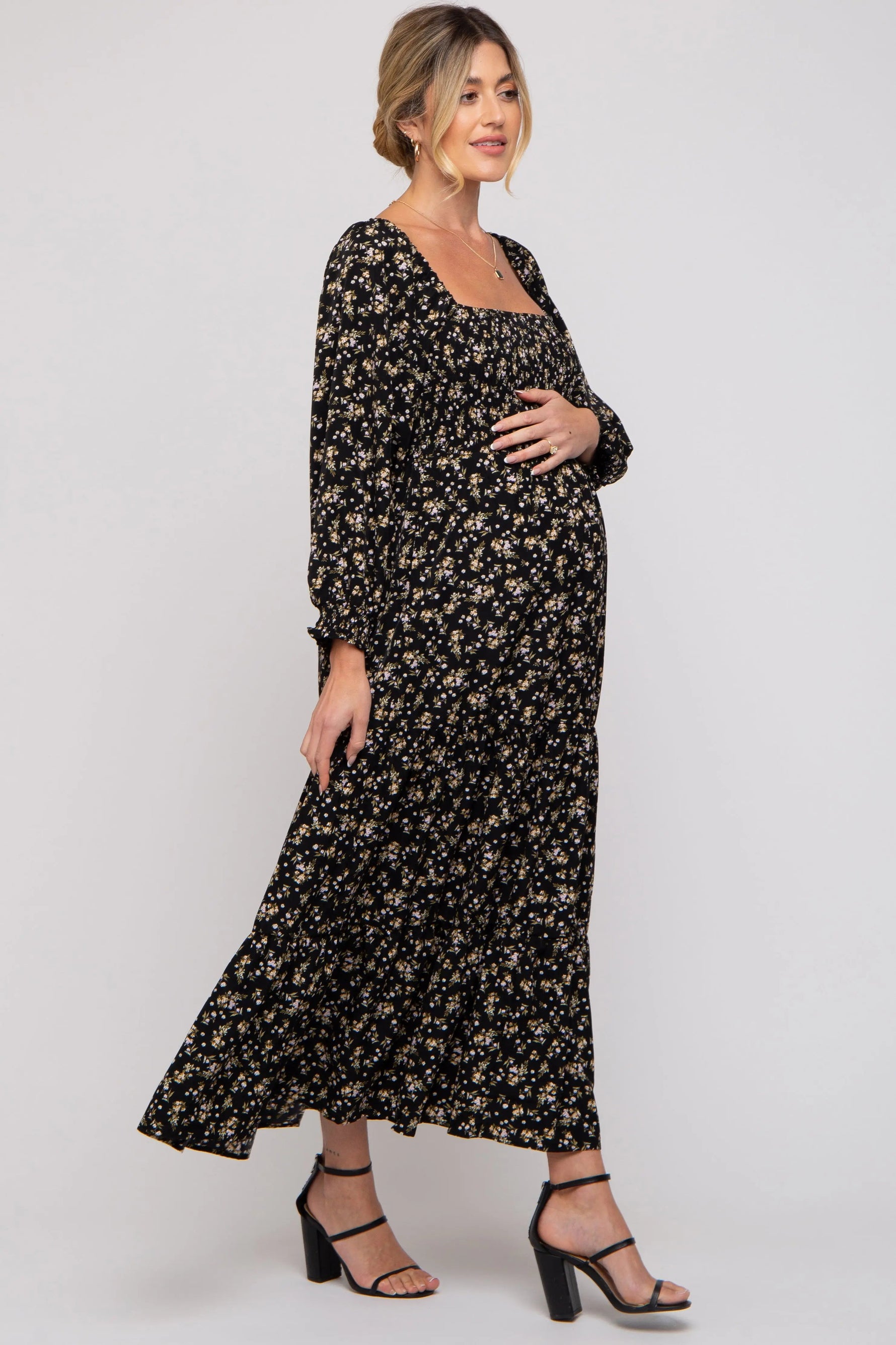 PinkBlush Black Floral Smocked Long Sleeve Maternity Maxi Dress - 