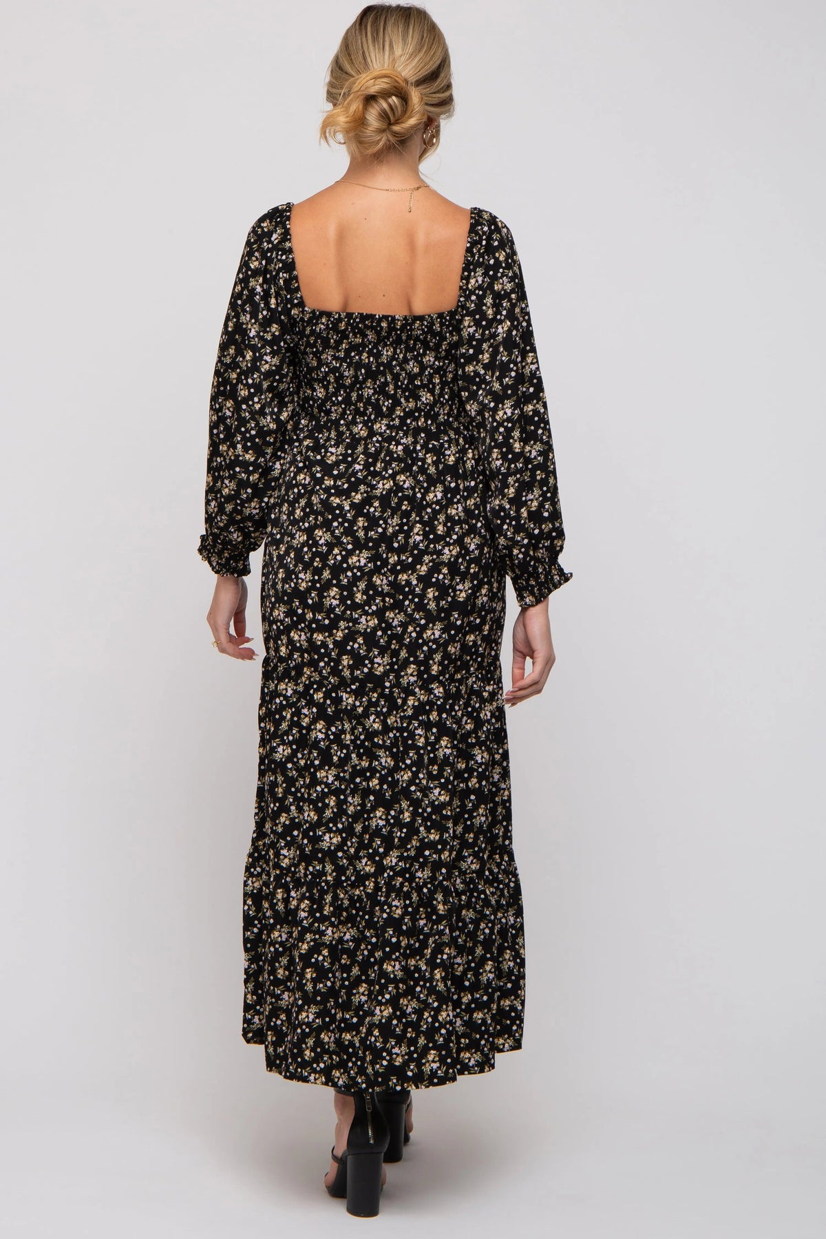 PinkBlush Black Floral Smocked Long Sleeve Maternity Maxi Dress - 