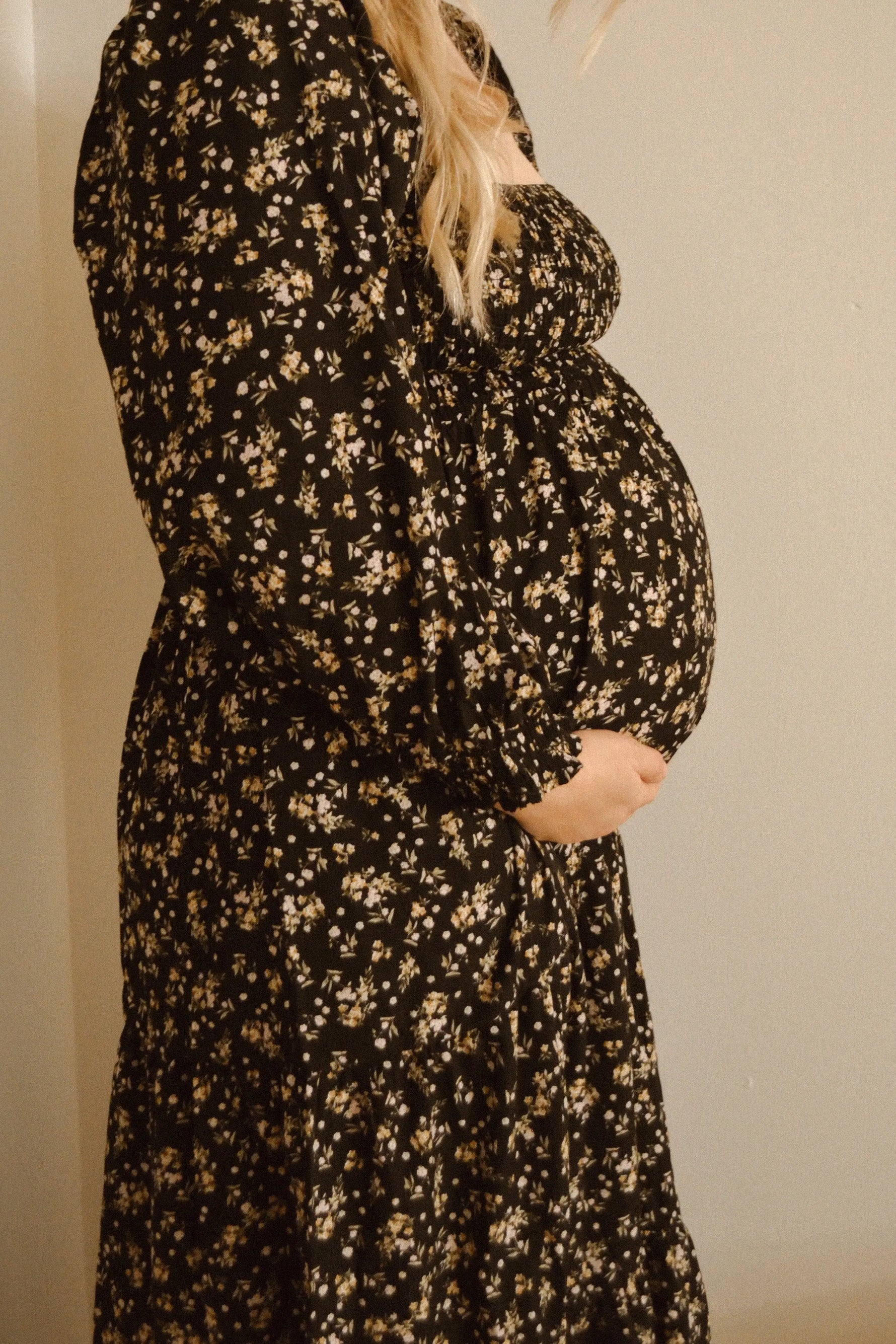 PinkBlush Black Floral Smocked Long Sleeve Maternity Maxi Dress - 