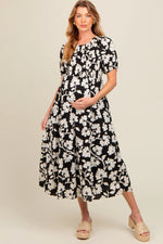PinkBlush Black Floral Smocked Maternity Midi Dress - 