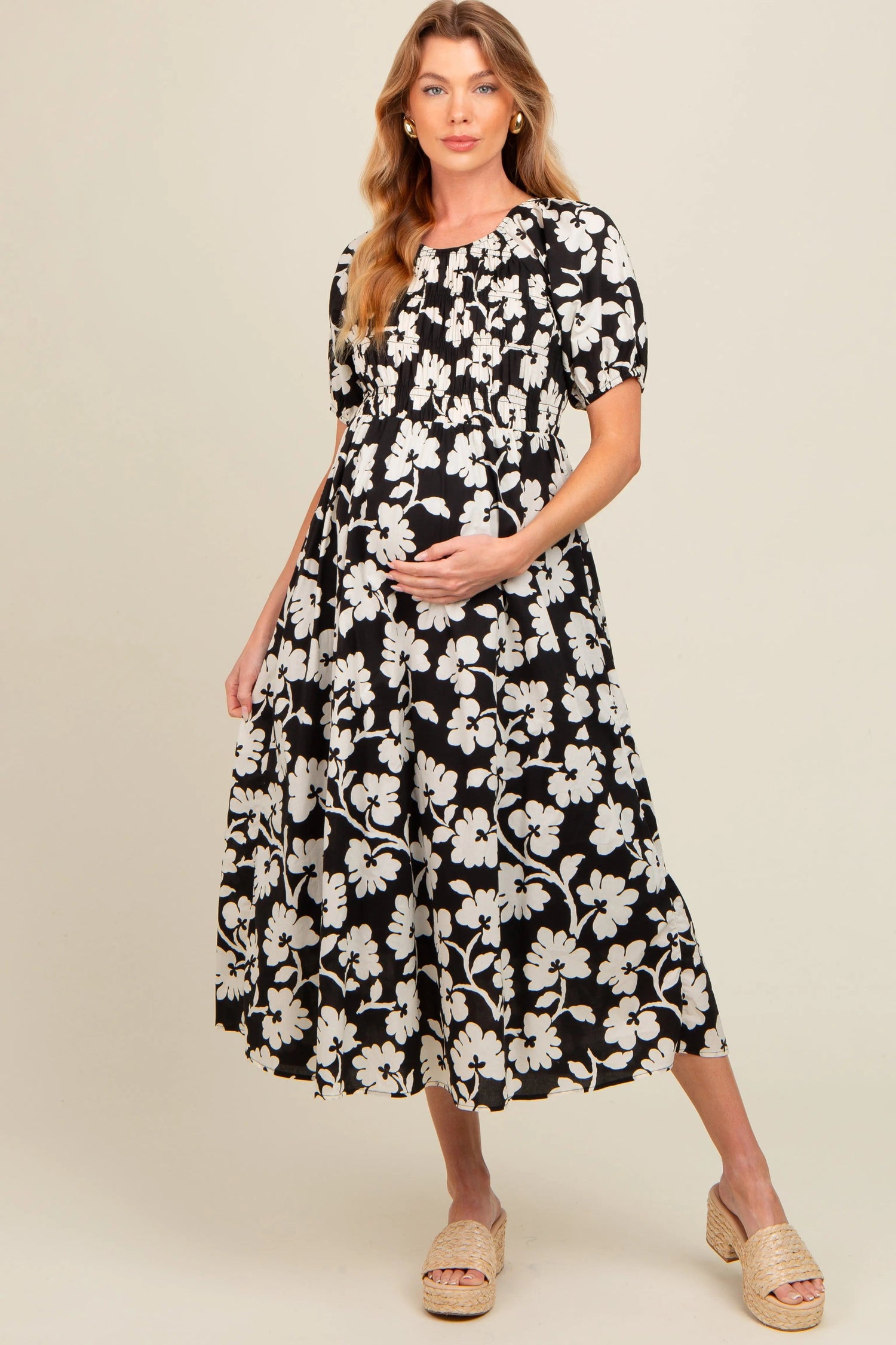 PinkBlush Black Floral Smocked Maternity Midi Dress - 