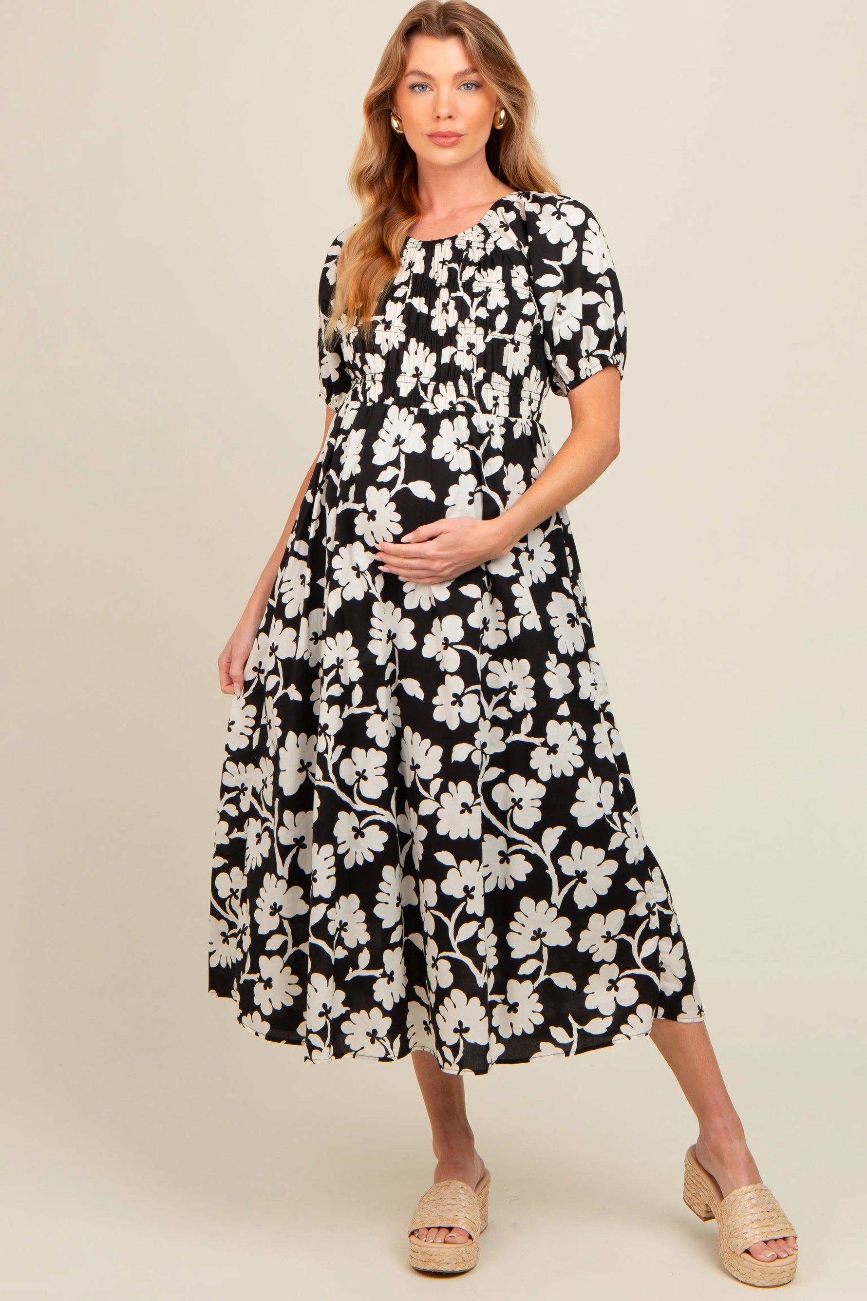 PinkBlush Black Floral Smocked Maternity Midi Dress - 