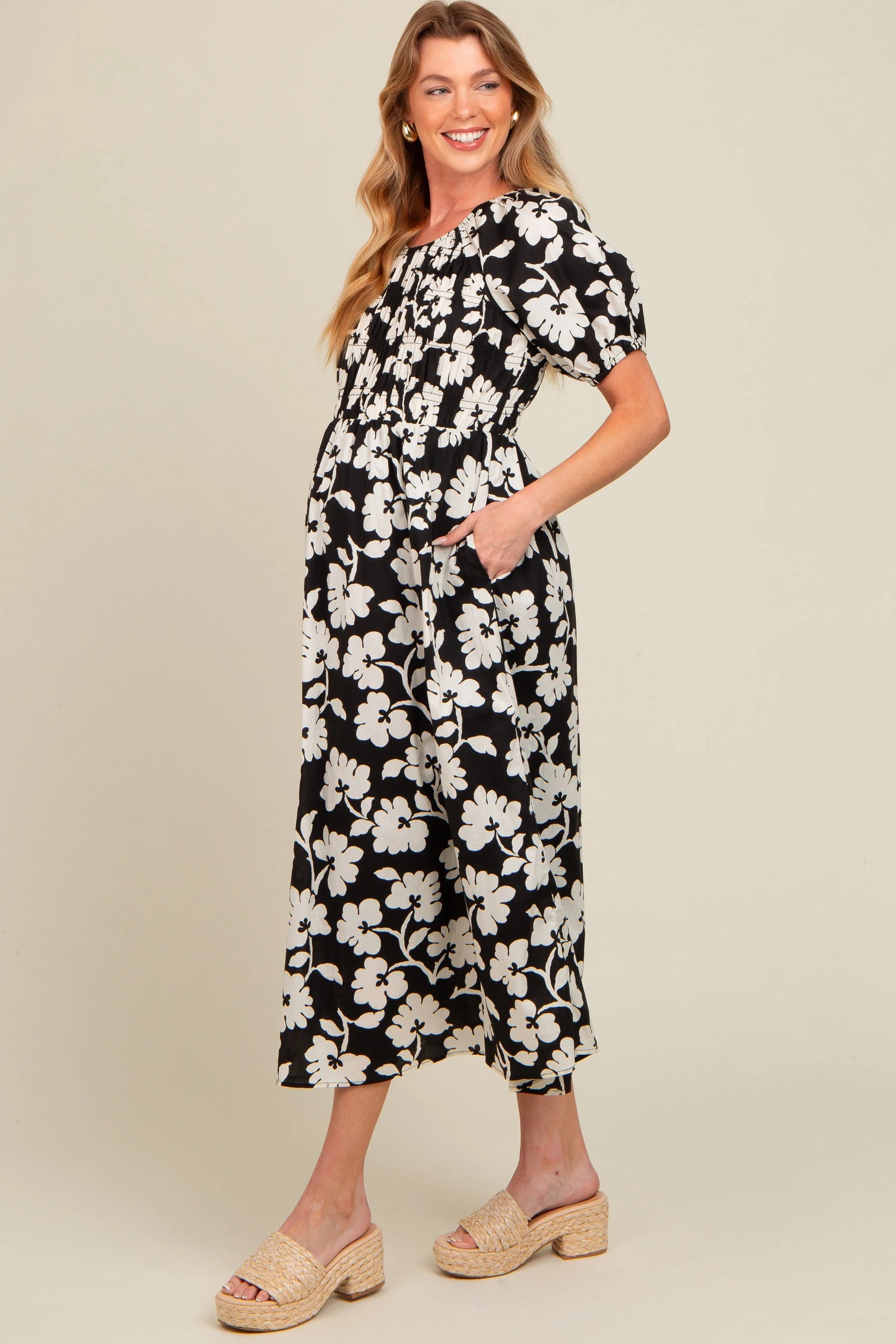 PinkBlush Black Floral Smocked Maternity Midi Dress - 