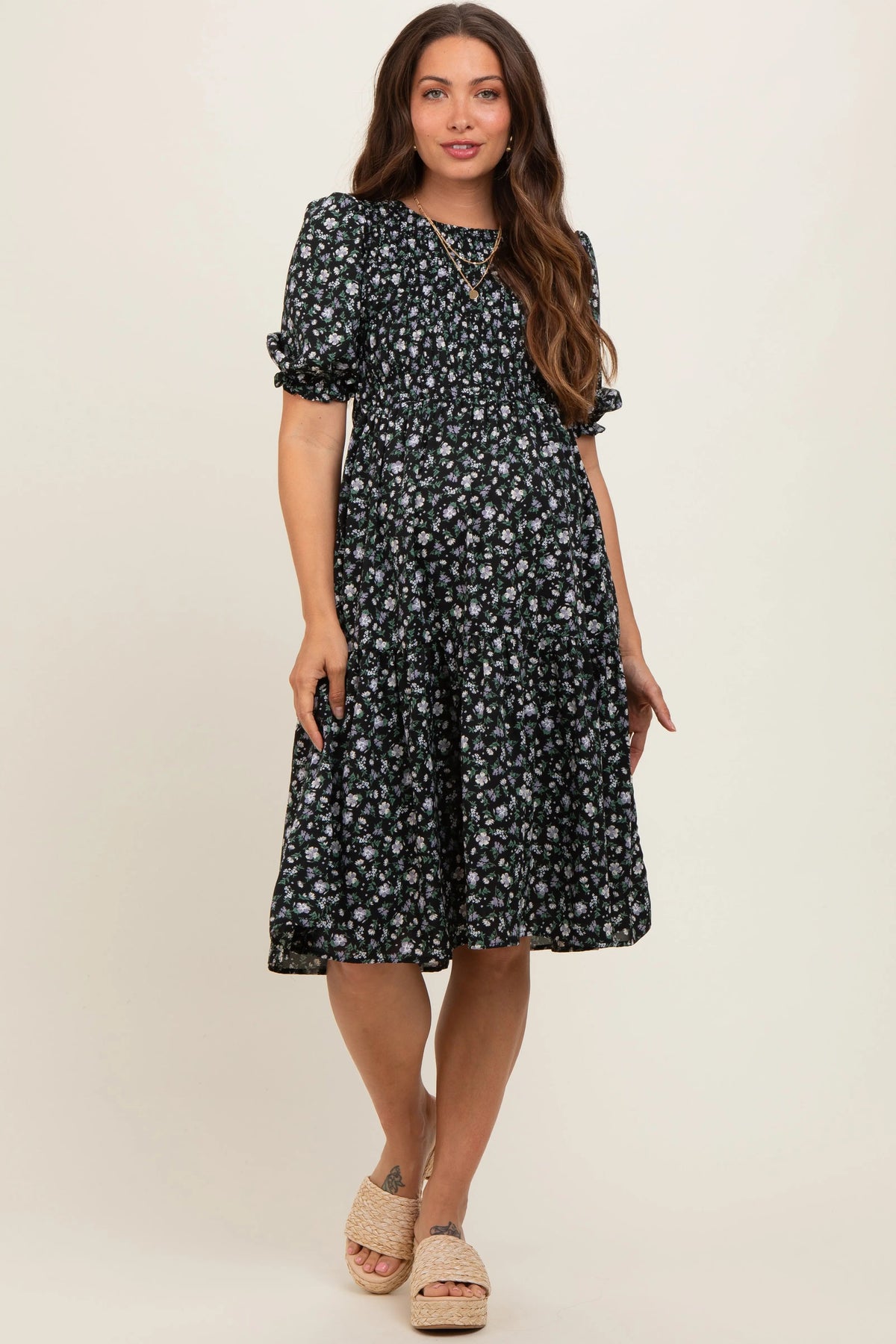 Black Floral Smocked Maternity Midi Dress - Day Dress, One-piece garment, Fashion, Dress, Waist | Everetts Place