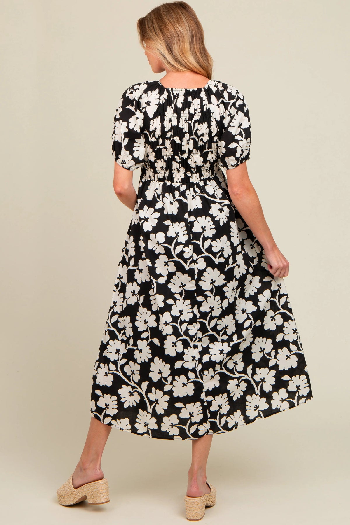 PinkBlush Black Floral Smocked Maternity Midi Dress - 