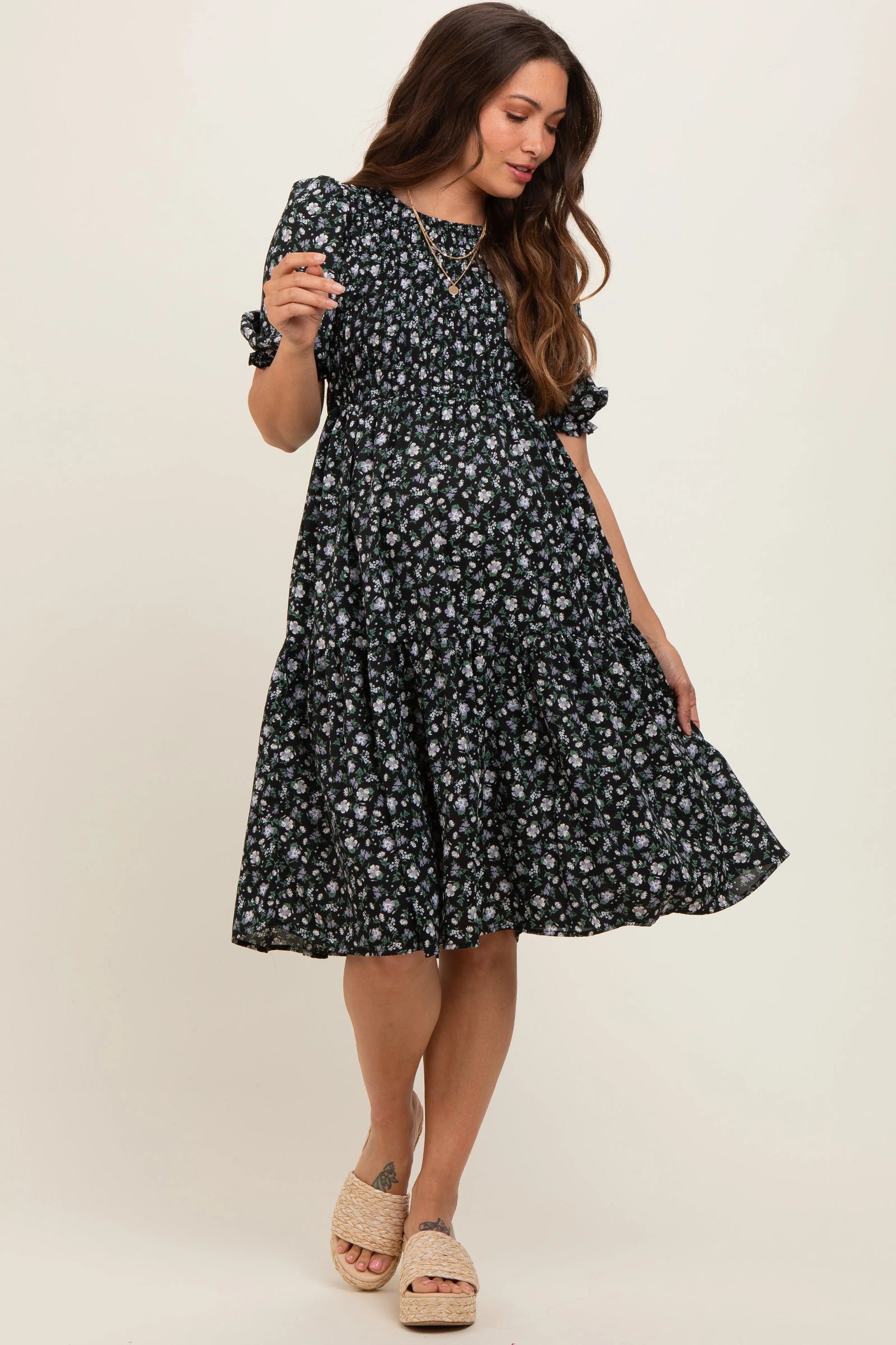 PinkBlush Black Floral Smocked Maternity Midi Dress - 