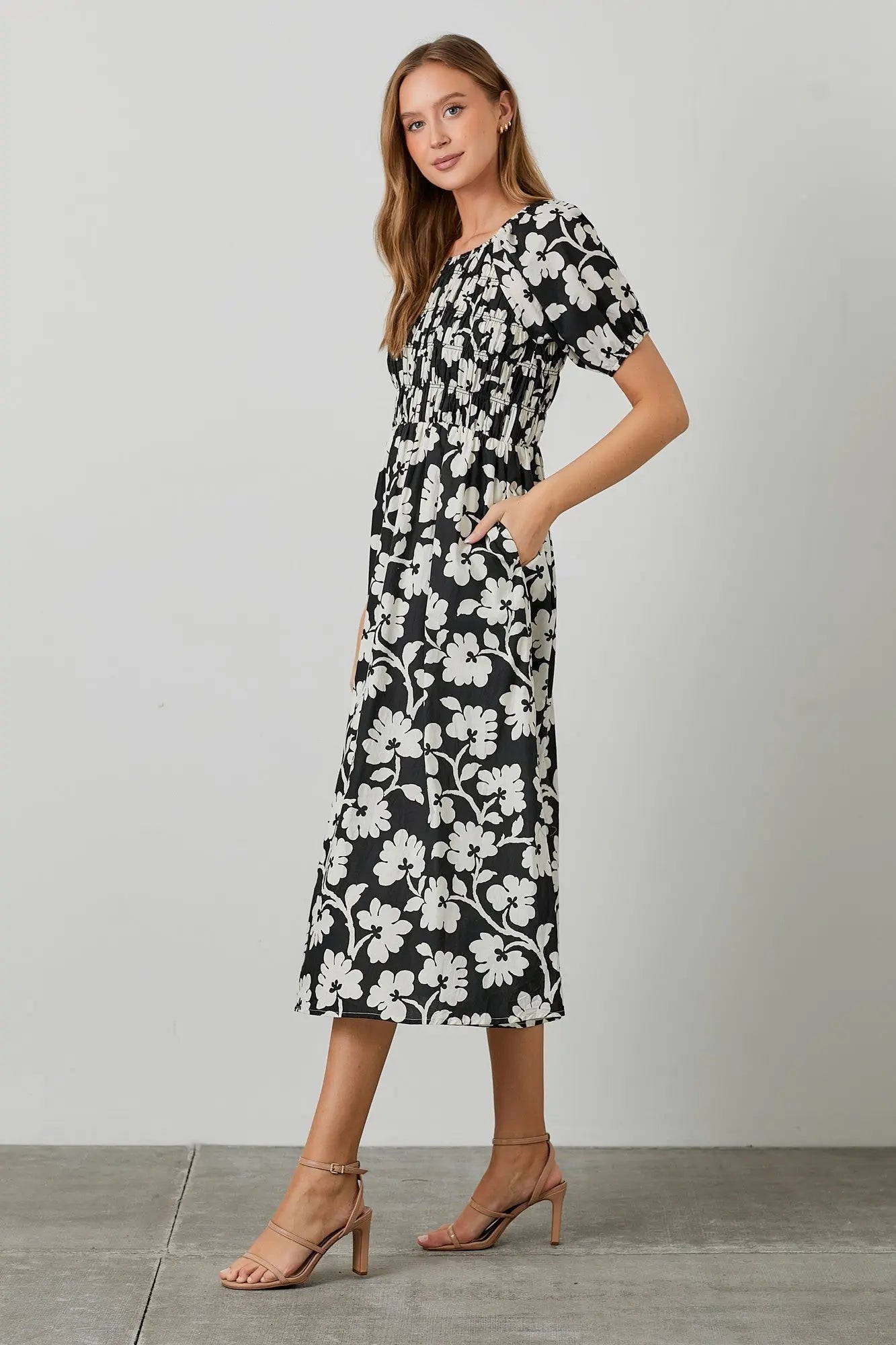 PinkBlush Black Floral Smocked Midi Dress - 