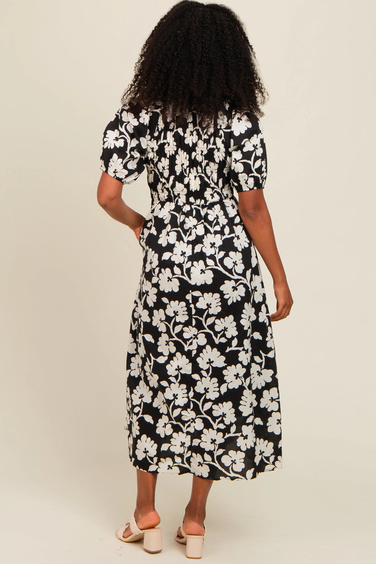 PinkBlush Black Floral Smocked Midi Dress - 