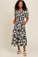 Black Floral Smocked Midi Dress - Day Dress, One-piece garment, Dress, Waist, Vintage clothing | Everetts Place