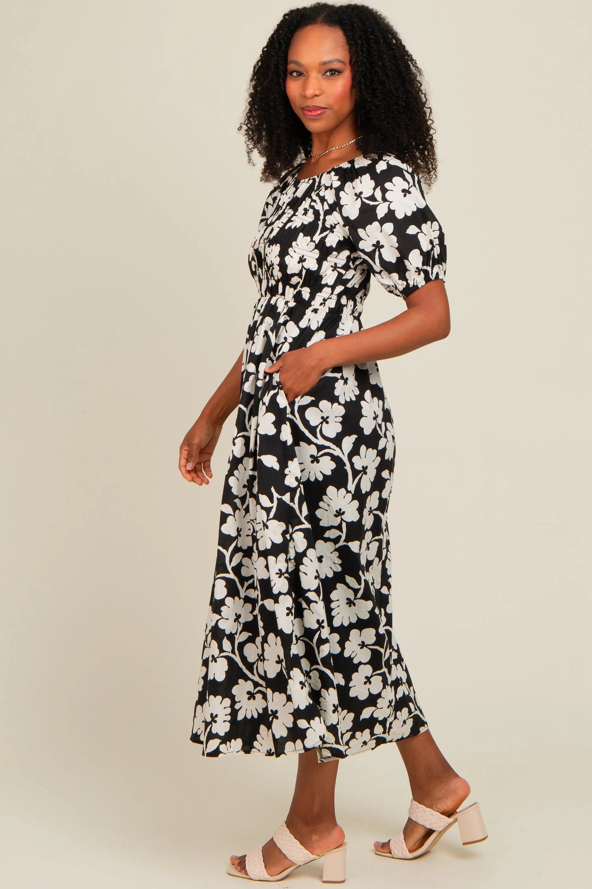 PinkBlush Black Floral Smocked Midi Dress - 